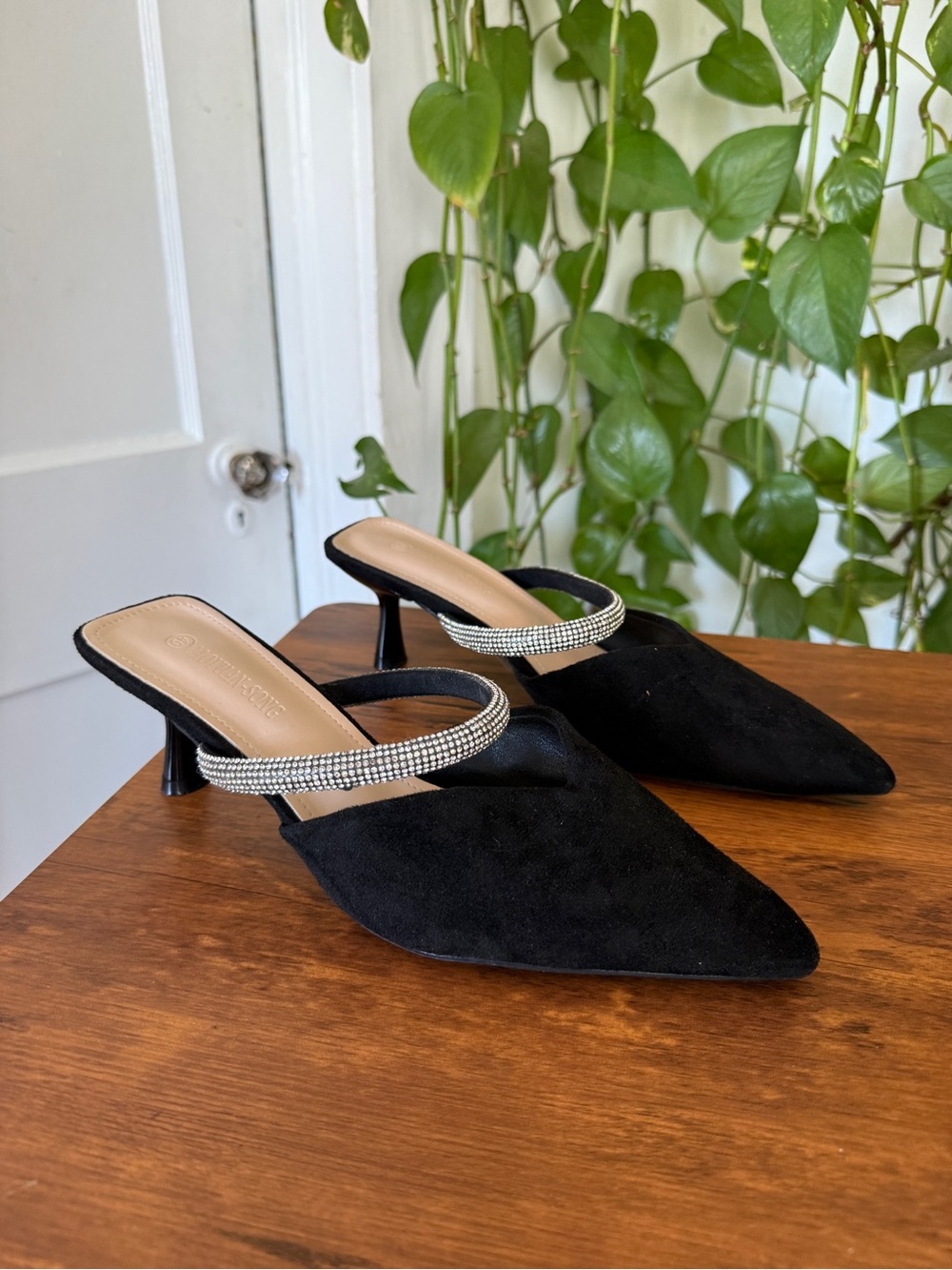 Black Pointed Toe Mule Heels with Rhinestone Strap Caoyuan-song sz 40